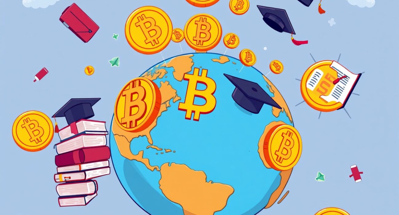 Bitcoin education initiative expanding globally with vibrant educational symbols across continents