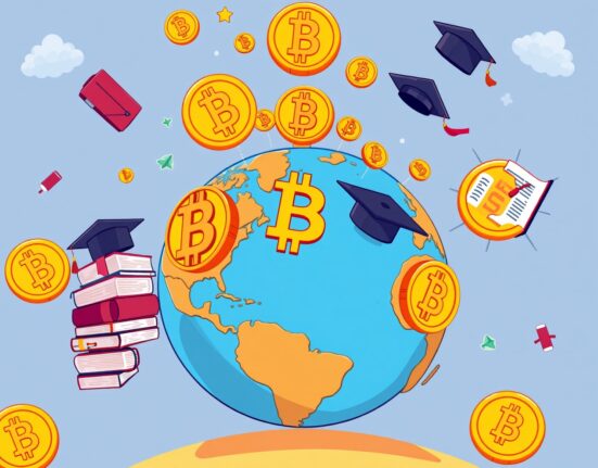 Bitcoin education initiative expanding globally with vibrant educational symbols across continents
