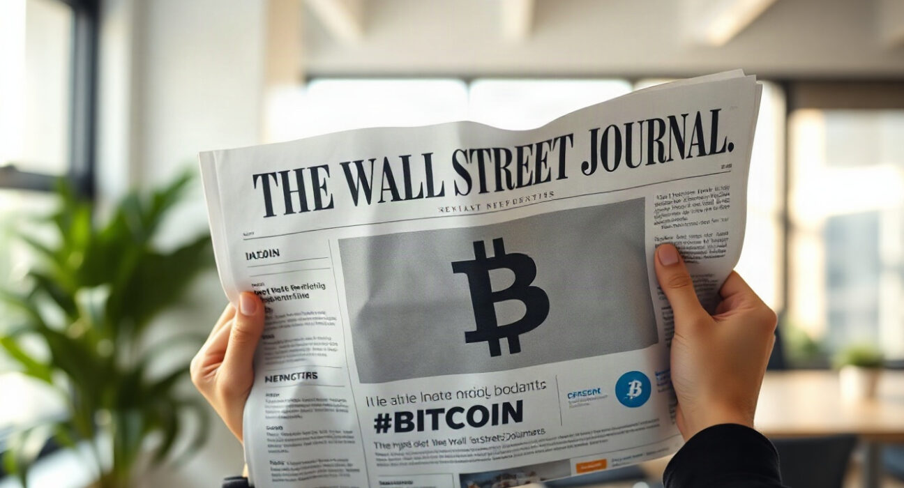Person holding a Wall Street Journal newspaper open to a Bitcoin advertisement page