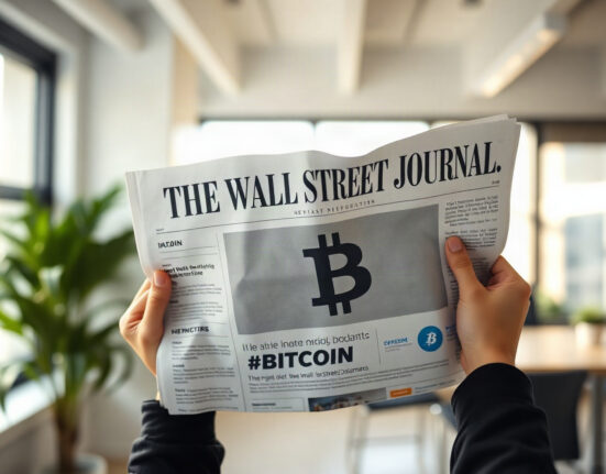 Person holding a Wall Street Journal newspaper open to a Bitcoin advertisement page