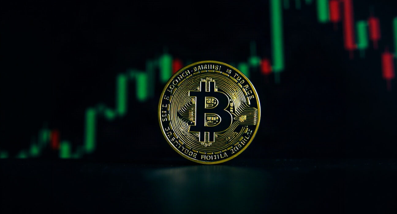 Bitcoin coin in foreground with a blurred chart of upward green candlesticks in the background