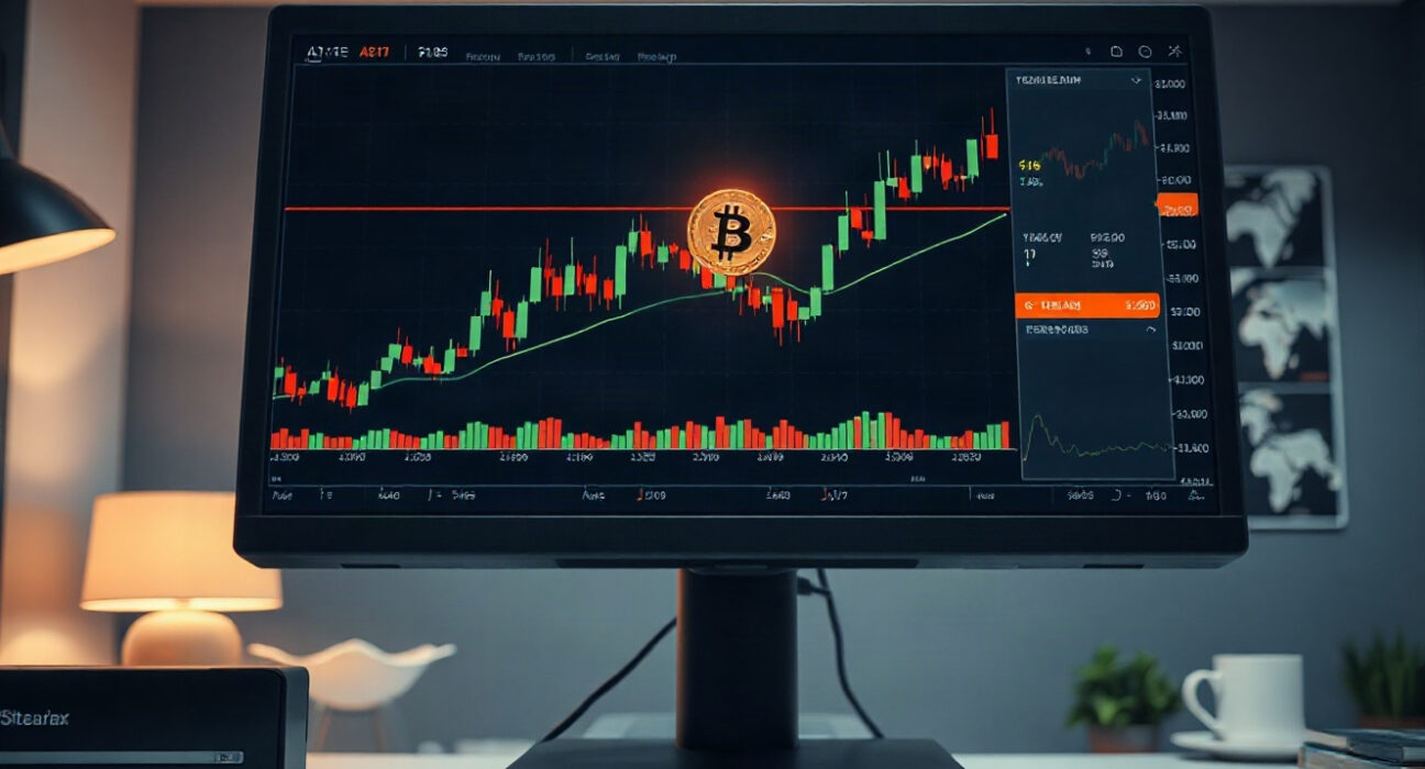 Bitcoin price chart on a monitor in a trading office, illustrating technical analysis.