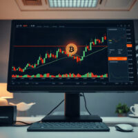 Bitcoin price chart on a monitor in a trading office, illustrating technical analysis.