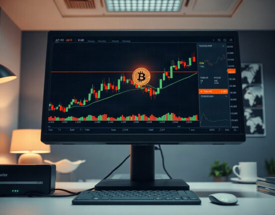 Bitcoin price chart on a monitor in a trading office, illustrating technical analysis.