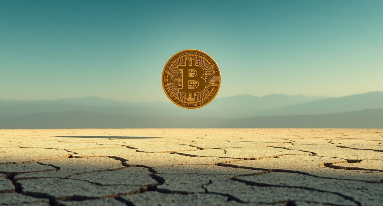 Bitcoin symbol over cracked earth representing energy vulnerability and sustainability concerns in cryptocurrency