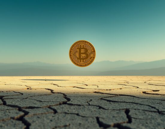 Bitcoin symbol over cracked earth representing energy vulnerability and sustainability concerns in cryptocurrency