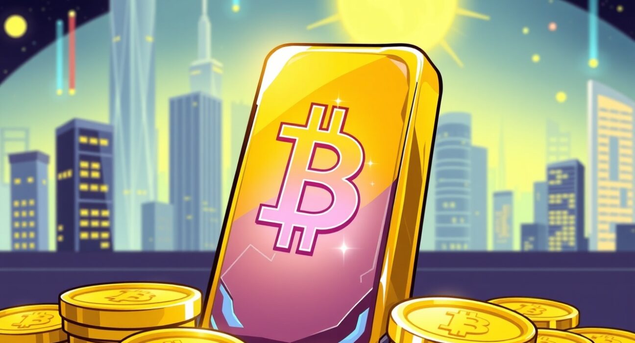 A vibrant cartoon illustration showing a glowing Bitcoin bar symbolizing its role as modern-day gold in financial markets.