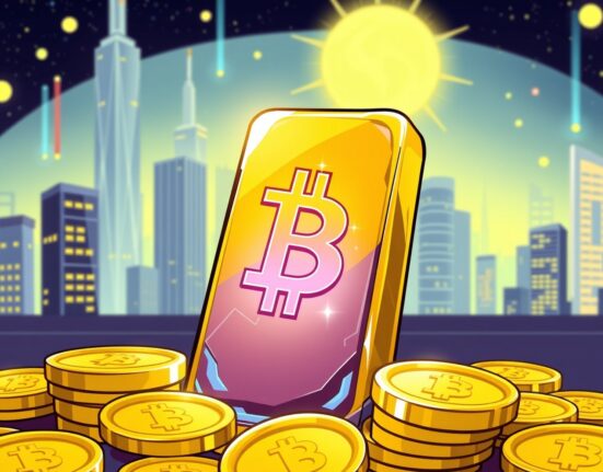 A vibrant cartoon illustration showing a glowing Bitcoin bar symbolizing its role as modern-day gold in financial markets.