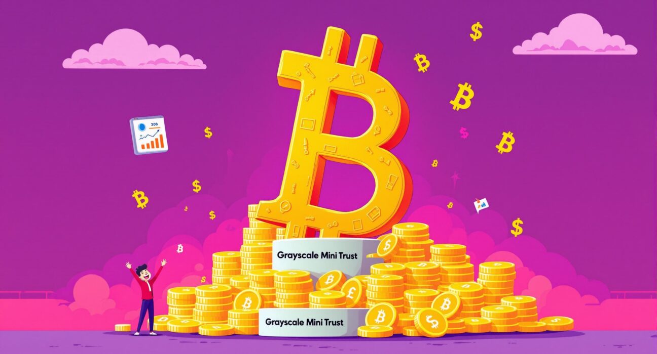 A cartoon illustration showing the rapid growth of Grayscale's Bitcoin ETF, symbolizing its impressive $5 billion AUM milestone.