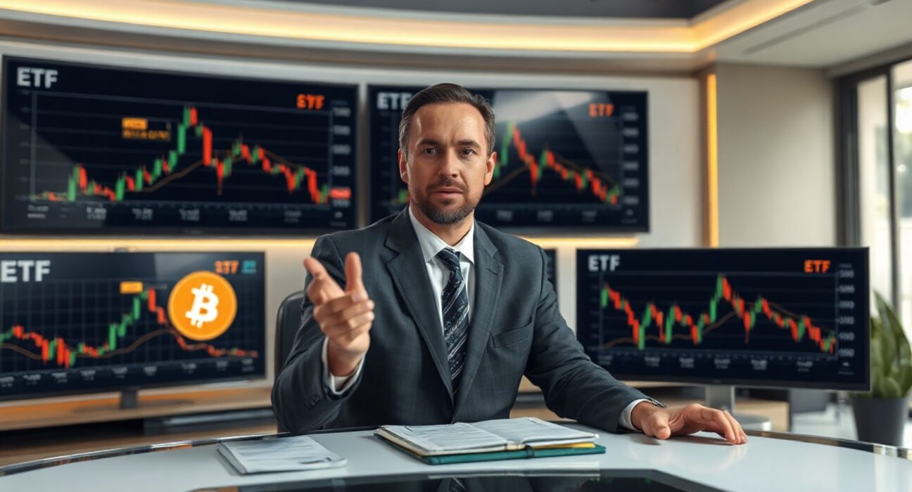 Financial analyst discussing Bitcoin ETF trends in a newsroom with data screens