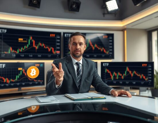 Financial analyst discussing Bitcoin ETF trends in a newsroom with data screens