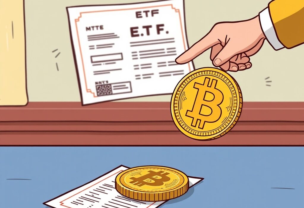 Cartoon illustration showing a seamless Bitcoin ETF in-kind exchange, symbolizing innovation in crypto investment.