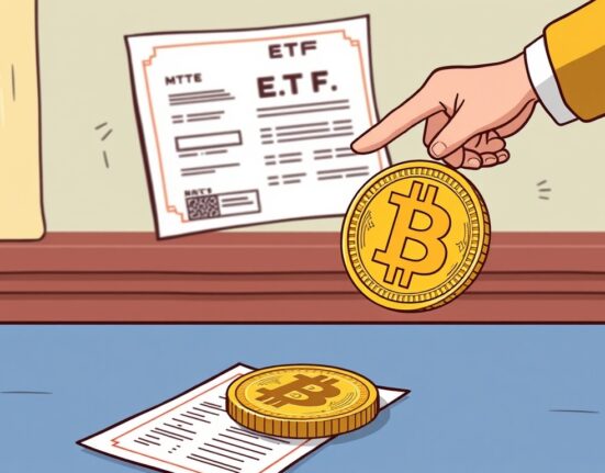 Cartoon illustration showing a seamless Bitcoin ETF in-kind exchange, symbolizing innovation in crypto investment.