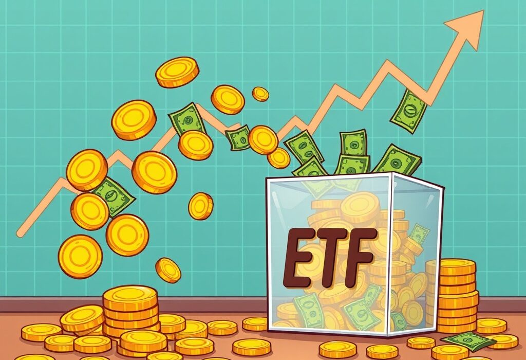 Illustration showing strong net inflows into a Bitcoin ETF, symbolizing positive market sentiment and investment growth.
