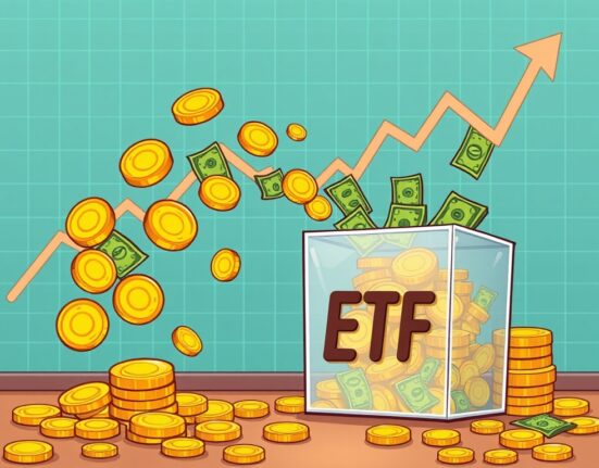Illustration showing strong net inflows into a Bitcoin ETF, symbolizing positive market sentiment and investment growth.