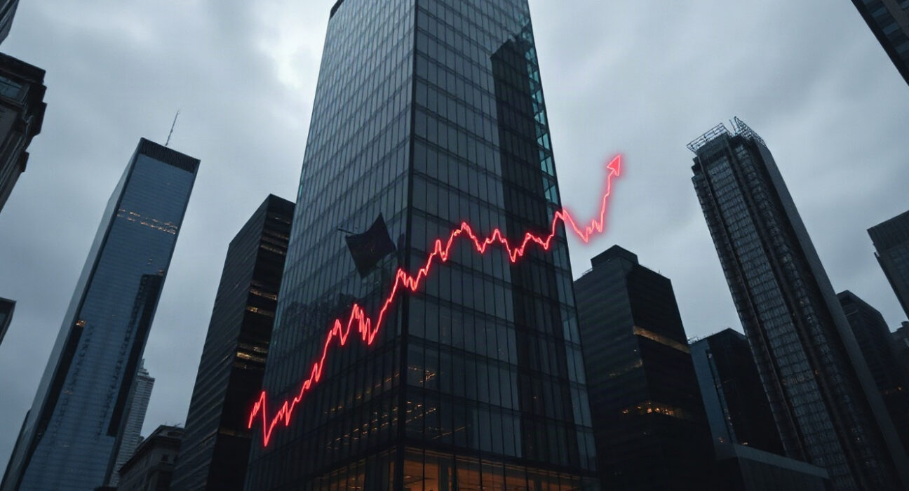 Financial district skyline with digital chart overlay symbolizing Bitcoin ETF market activity