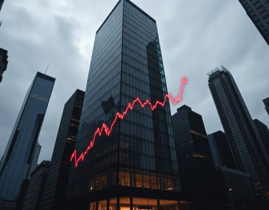 Financial district skyline with digital chart overlay symbolizing Bitcoin ETF market activity