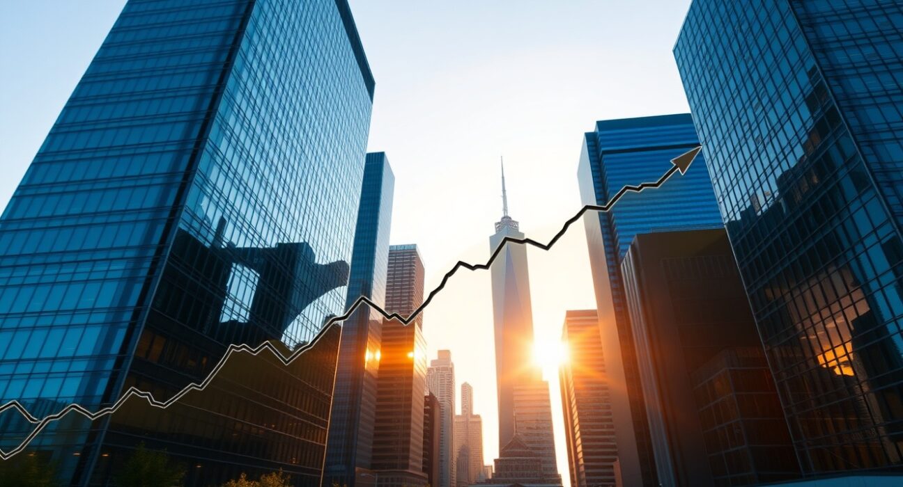 Bitcoin chart line rising over a financial district skyline at sunset