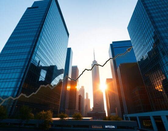Bitcoin chart line rising over a financial district skyline at sunset