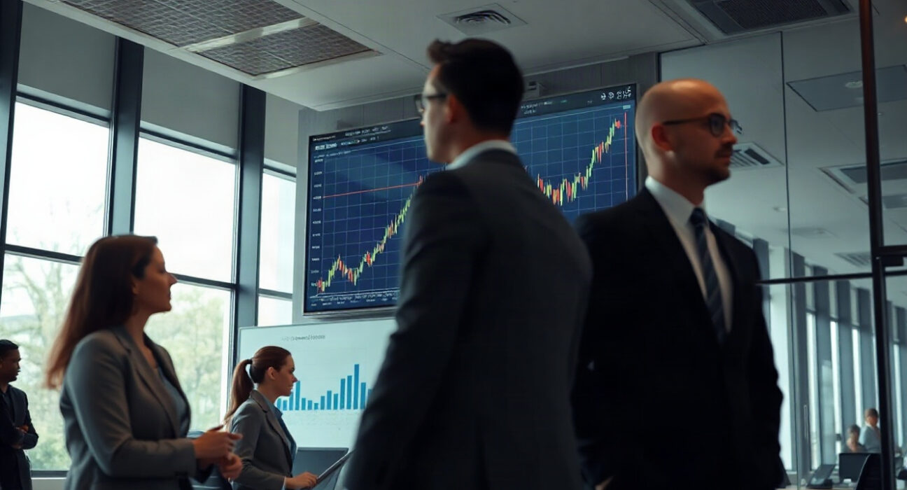 Traders monitoring Bitcoin price charts on a screen in a modern financial office