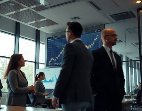 Traders monitoring Bitcoin price charts on a screen in a modern financial office