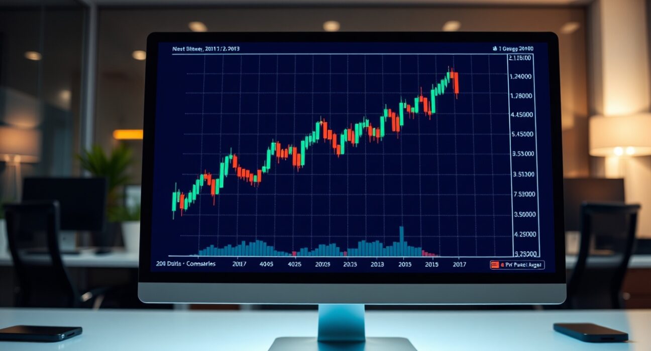 Bitcoin ETF trading screen showing upward trend in a modern office setting