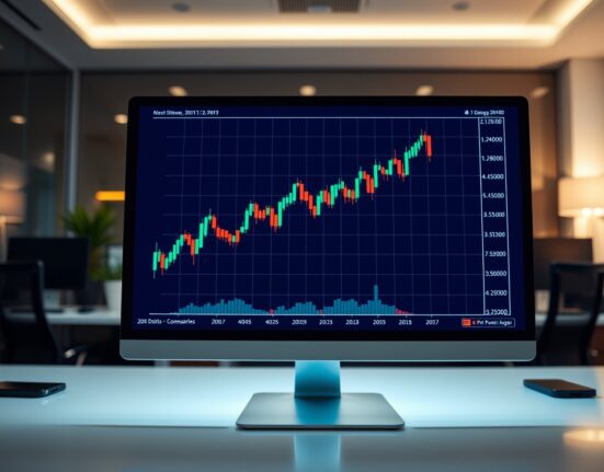 Bitcoin ETF trading screen showing upward trend in a modern office setting