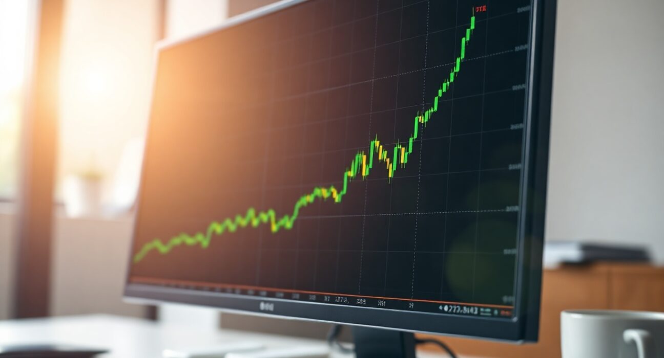 Rising Bitcoin ETF inflow chart on a monitor in a financial office