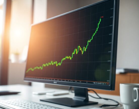 Rising Bitcoin ETF inflow chart on a monitor in a financial office