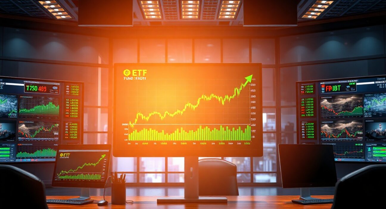 Trading desk monitors showing Bitcoin price charts and ETF flow data