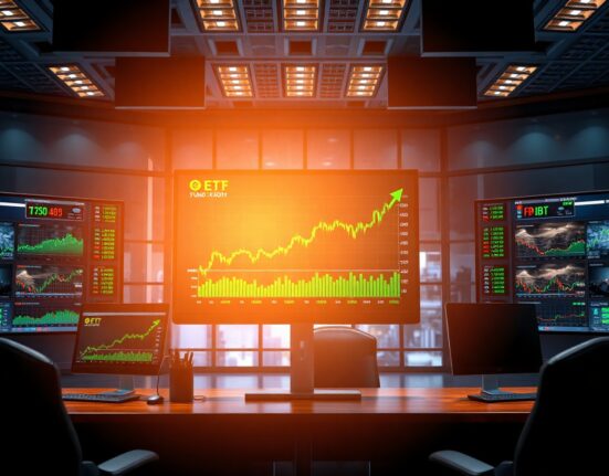 Trading desk monitors showing Bitcoin price charts and ETF flow data
