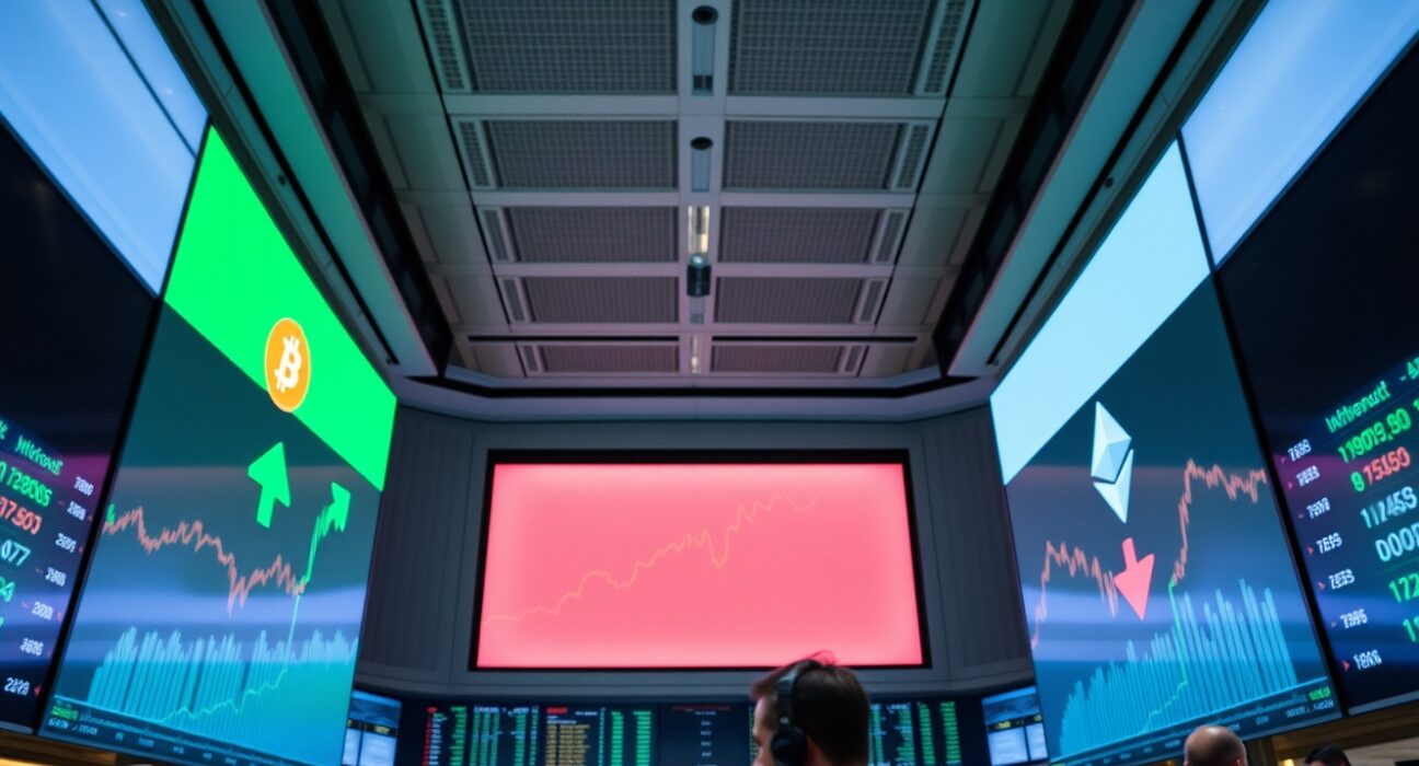 Trading floor screens showing Bitcoin and Ethereum price charts with divergent fund flow trends