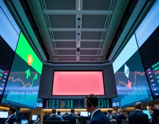 Trading floor screens showing Bitcoin and Ethereum price charts with divergent fund flow trends