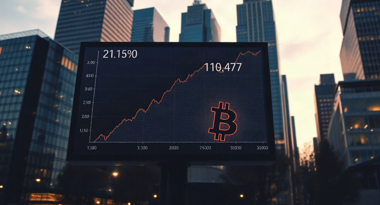 Financial district skyline with a digital display showing Bitcoin symbol and positive market data