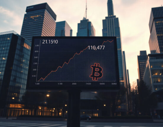 Financial district skyline with a digital display showing Bitcoin symbol and positive market data