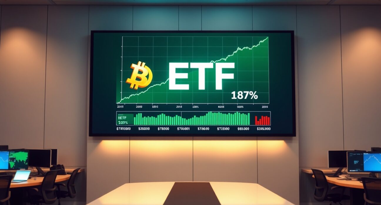 Digital trading floor display showing a Bitcoin price chart with ETF label in green