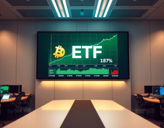 Digital trading floor display showing a Bitcoin price chart with ETF label in green