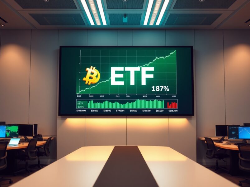 Digital trading floor display showing a Bitcoin price chart with ETF label in green