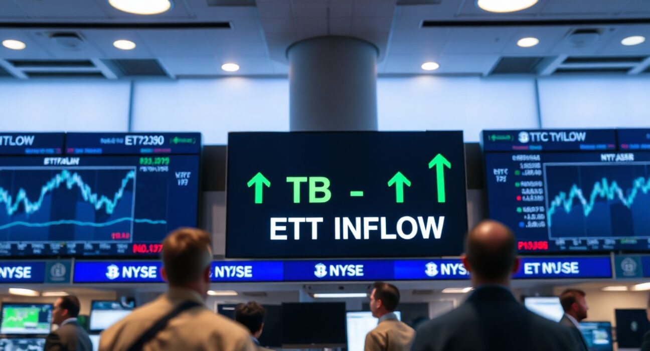 Digital trading screens showing Bitcoin ETF inflow data with green upward trend indicators in a professional newsroom setting.
