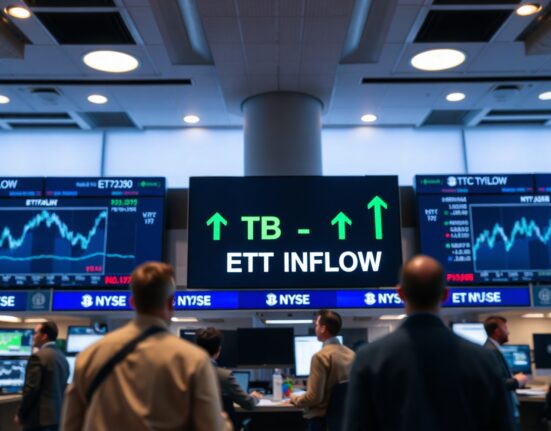 Digital trading screens showing Bitcoin ETF inflow data with green upward trend indicators in a professional newsroom setting.