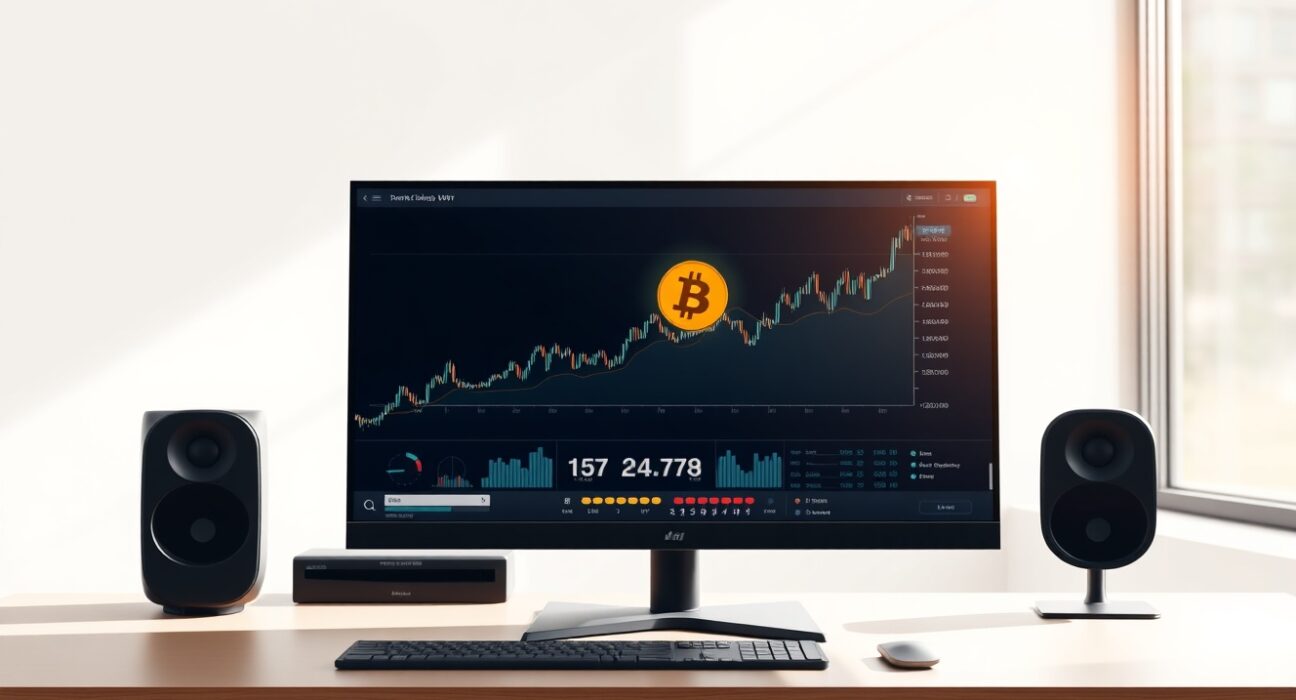 Professional trading desk monitor showing an upward-trending Bitcoin ETF investment chart.