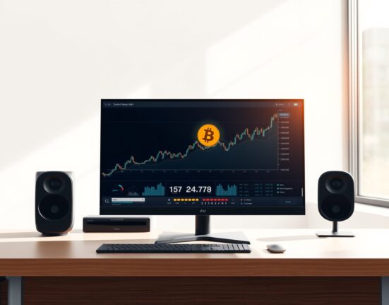 Professional trading desk monitor showing an upward-trending Bitcoin ETF investment chart.