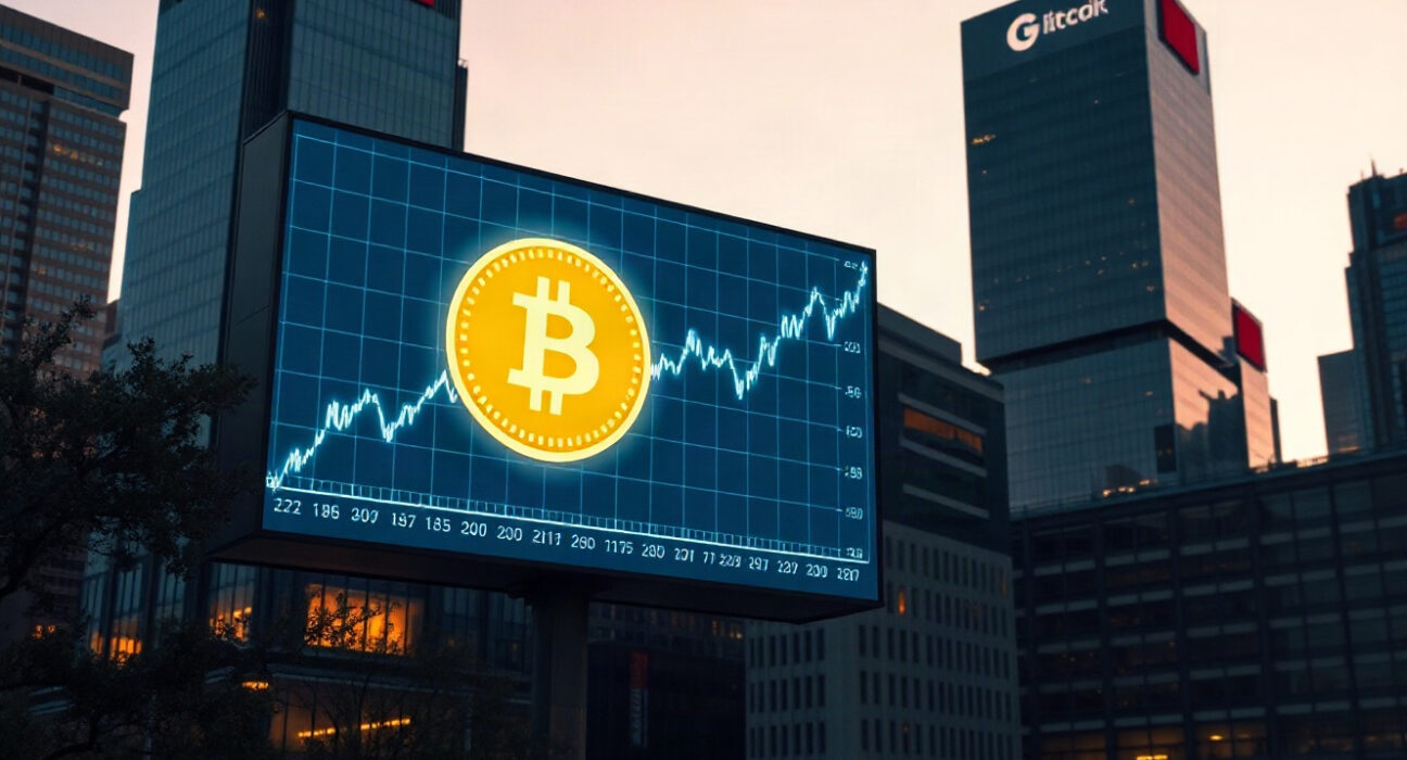 Digital screen displaying Bitcoin symbol and rising chart in financial district at dusk