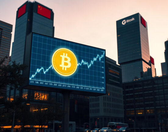 Digital screen displaying Bitcoin symbol and rising chart in financial district at dusk