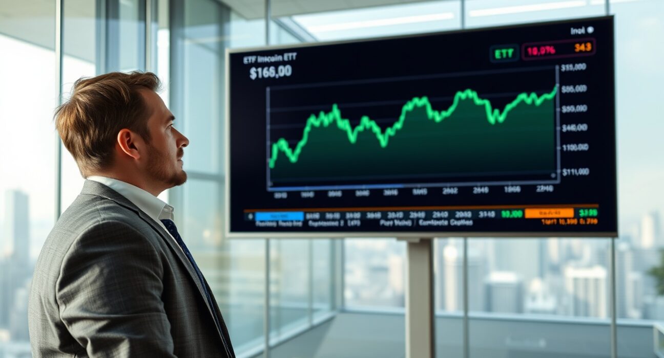 Financial analyst monitoring Bitcoin ETF data on a digital screen in a modern office