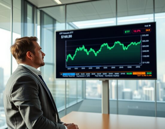 Financial analyst monitoring Bitcoin ETF data on a digital screen in a modern office