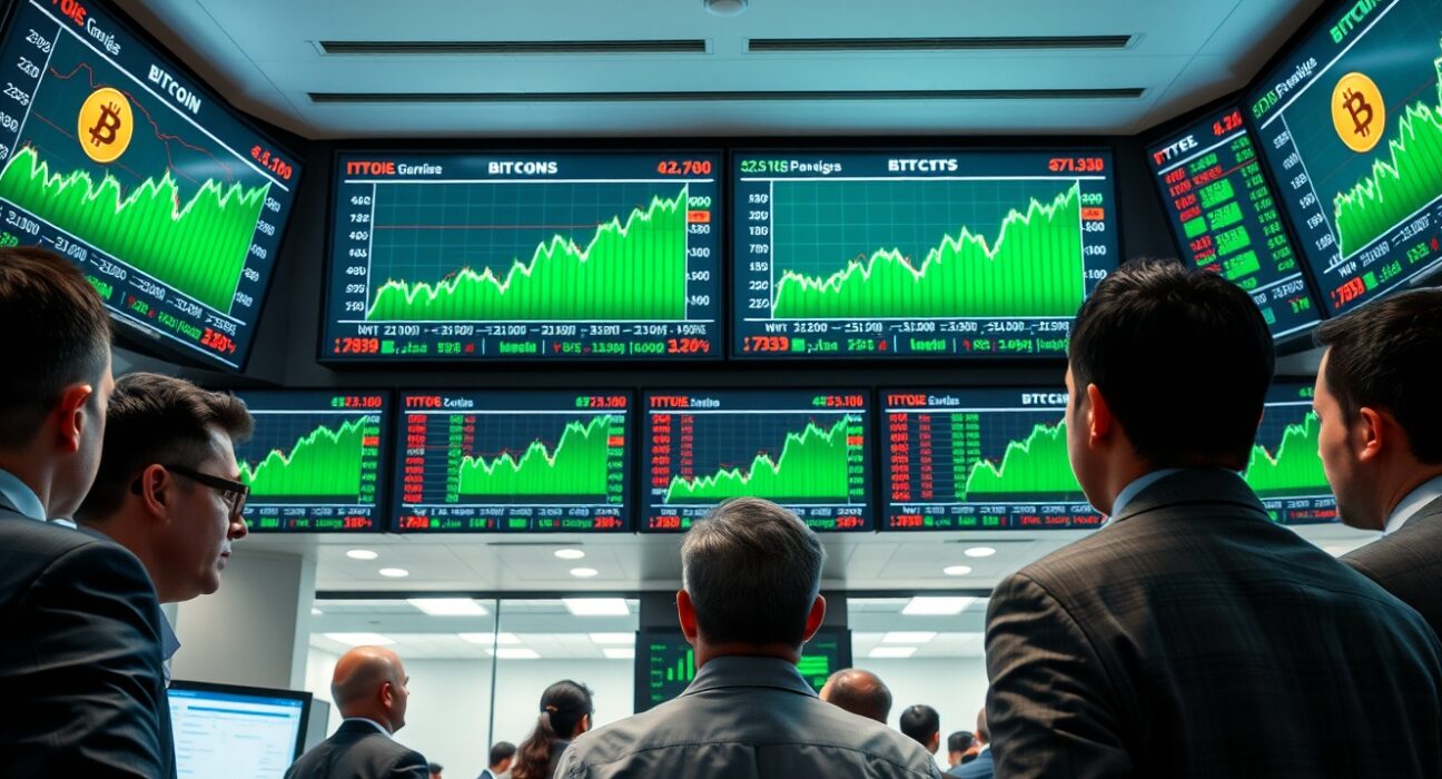 Traders on a financial floor observing rising Bitcoin ETF data on multiple screens.