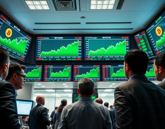 Traders on a financial floor observing rising Bitcoin ETF data on multiple screens.