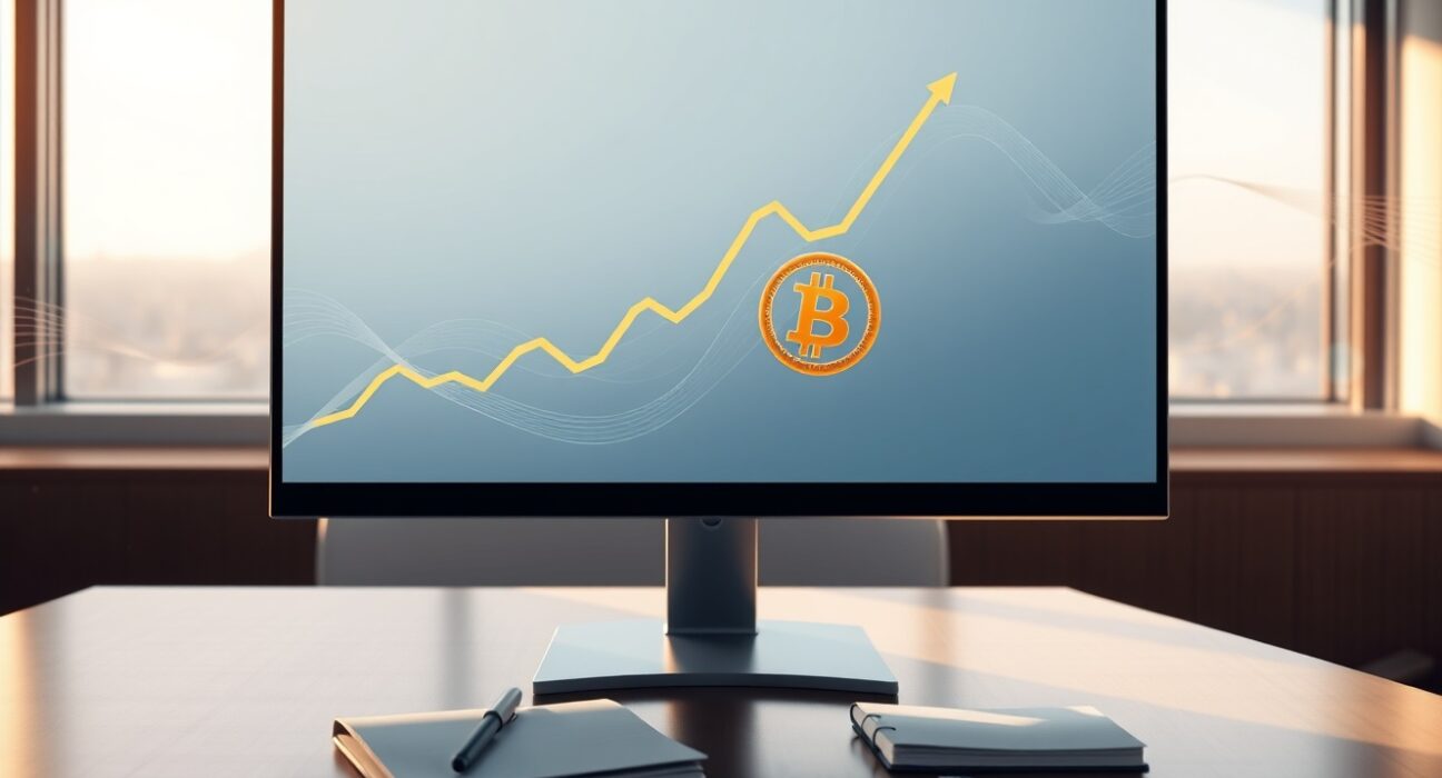 Professional trading desk monitor showing a rising Bitcoin ETF investment chart.