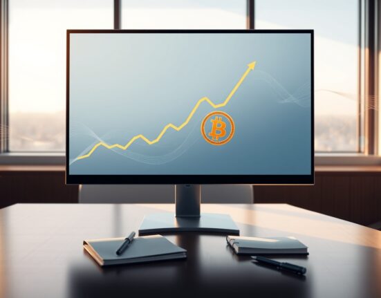 Professional trading desk monitor showing a rising Bitcoin ETF investment chart.
